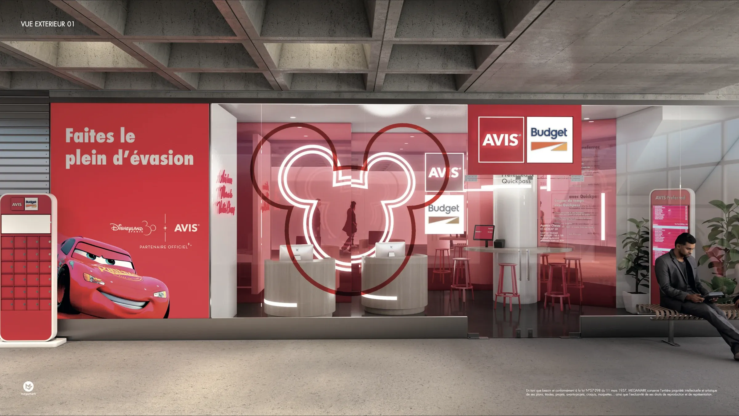 Vue 3D de l’agence Avis de la gare de Marne-la-Vallée – Chessy (Disneyland Paris) : arche lumineuse et façade rouge « Faites le plein d’évasion »