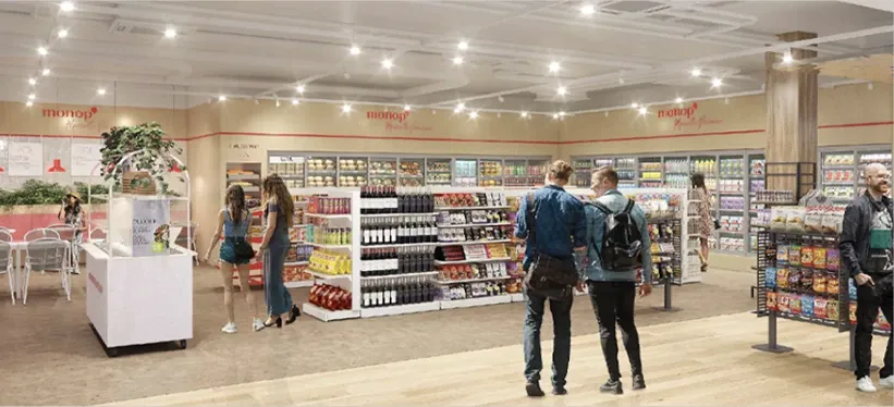 Boutique Monop’ de l’aéroport Marseille Provence : épicerie, vins et espace de restauration — vue 3D