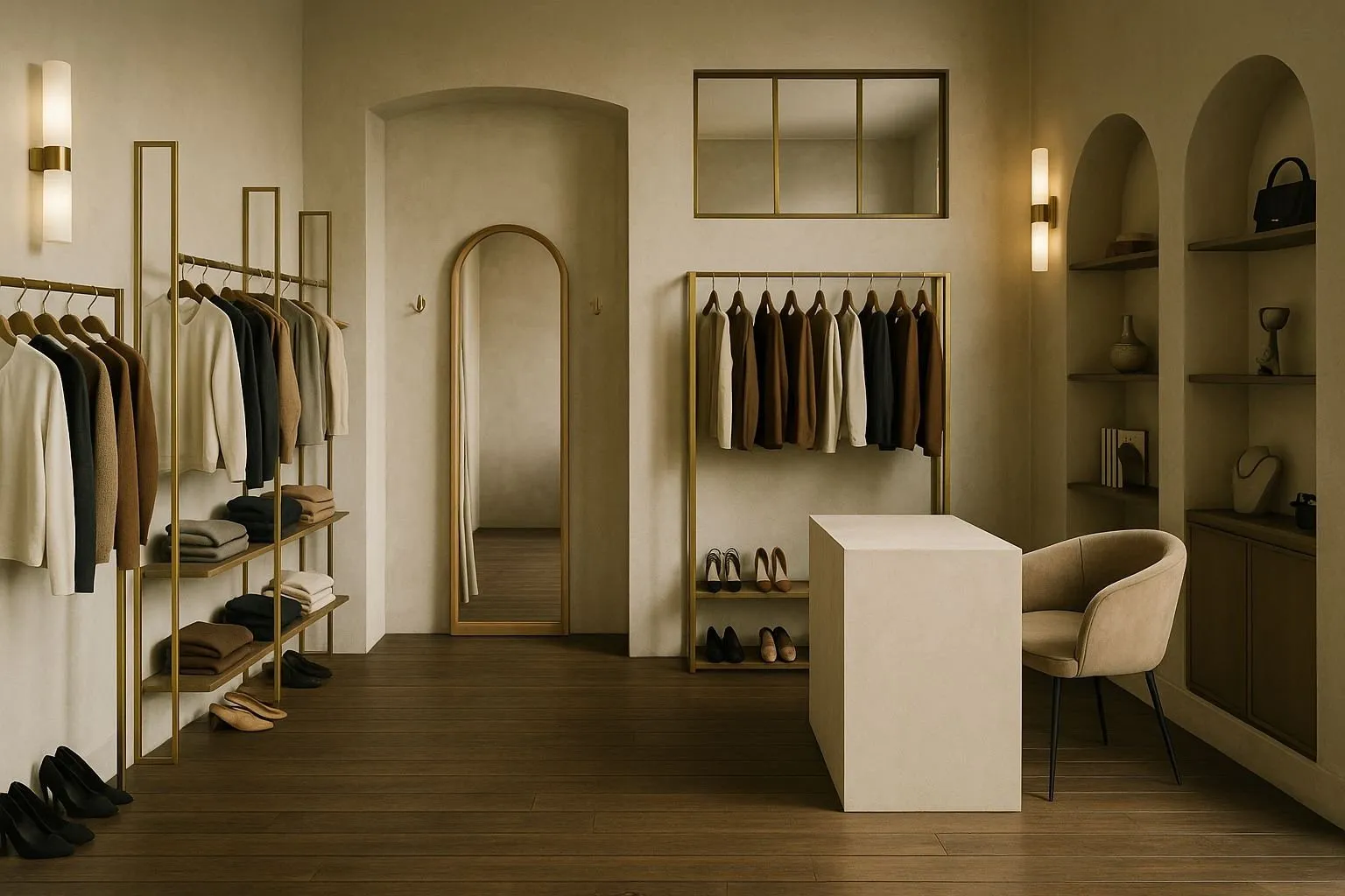 Aménagement de la boutique YS à Paris 17e : portants en laiton, miroir en arche, comptoir central et appliques murales
