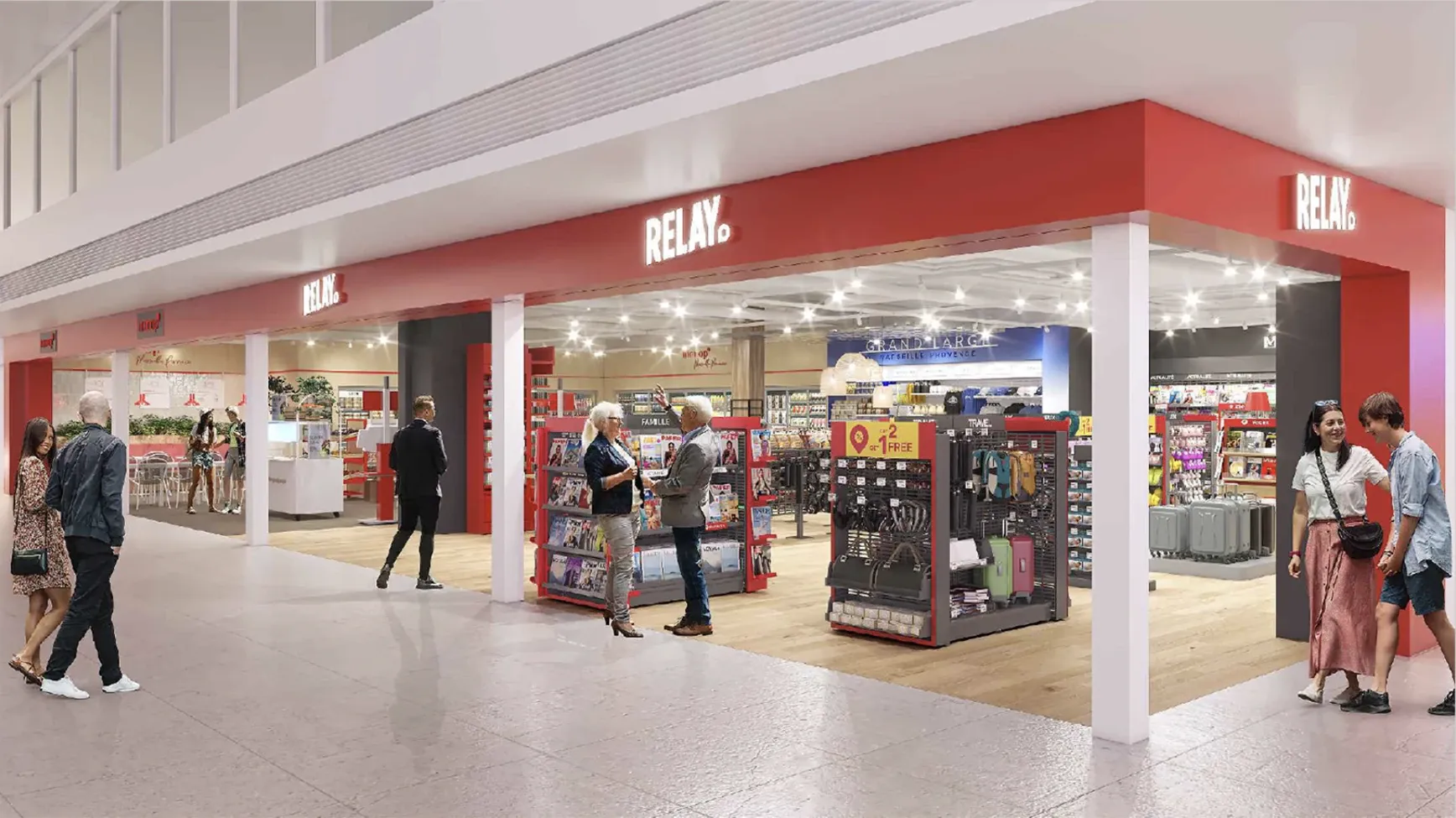 Façade d’une boutique Relay en aéroport : enseigne rouge et vitrines ouvertes sur le hall — vue 3D