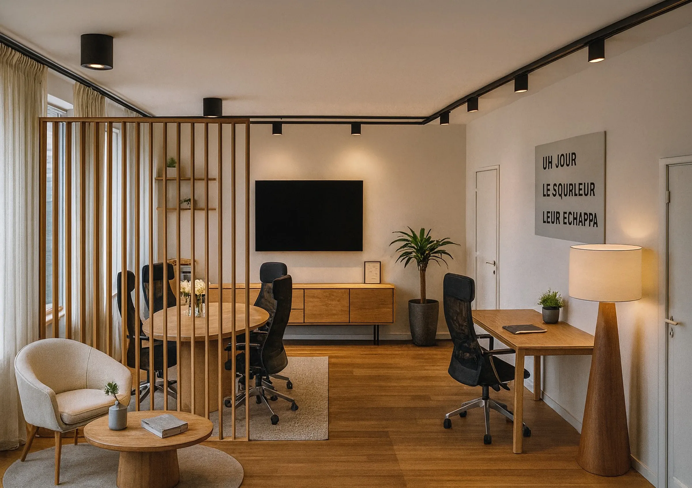 Aménagement de bureaux à Paris 9e : claustra en bois séparant l’espace de réunion, coin salon et poste de travail — vue 3D