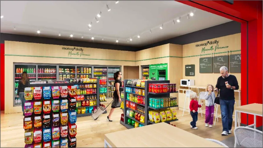 Corner Monop’Daily de l’aéroport Marseille Provence : boissons fraîches, snacking et comptoir — vue 3D