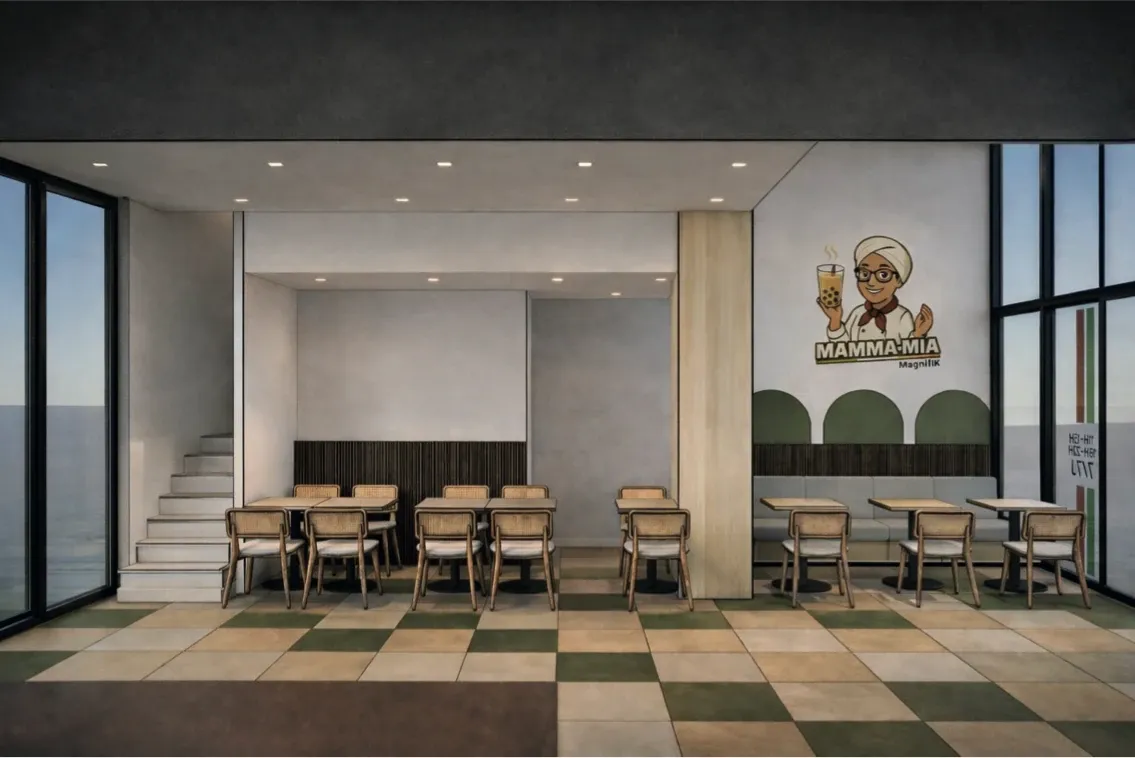 Salle du restaurant Mamma Mia en gare d’Évry : arches vertes, banquette, tables en bois et sol en damier — vue 3D