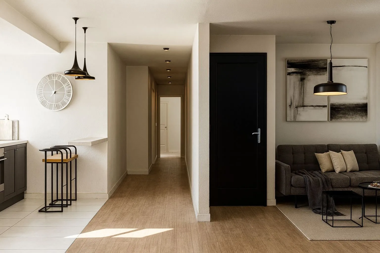 Appartement d’une résidence haut de gamme à Accra, au Ghana : cuisine ouverte, salon et accents noirs sur fond de bois clair