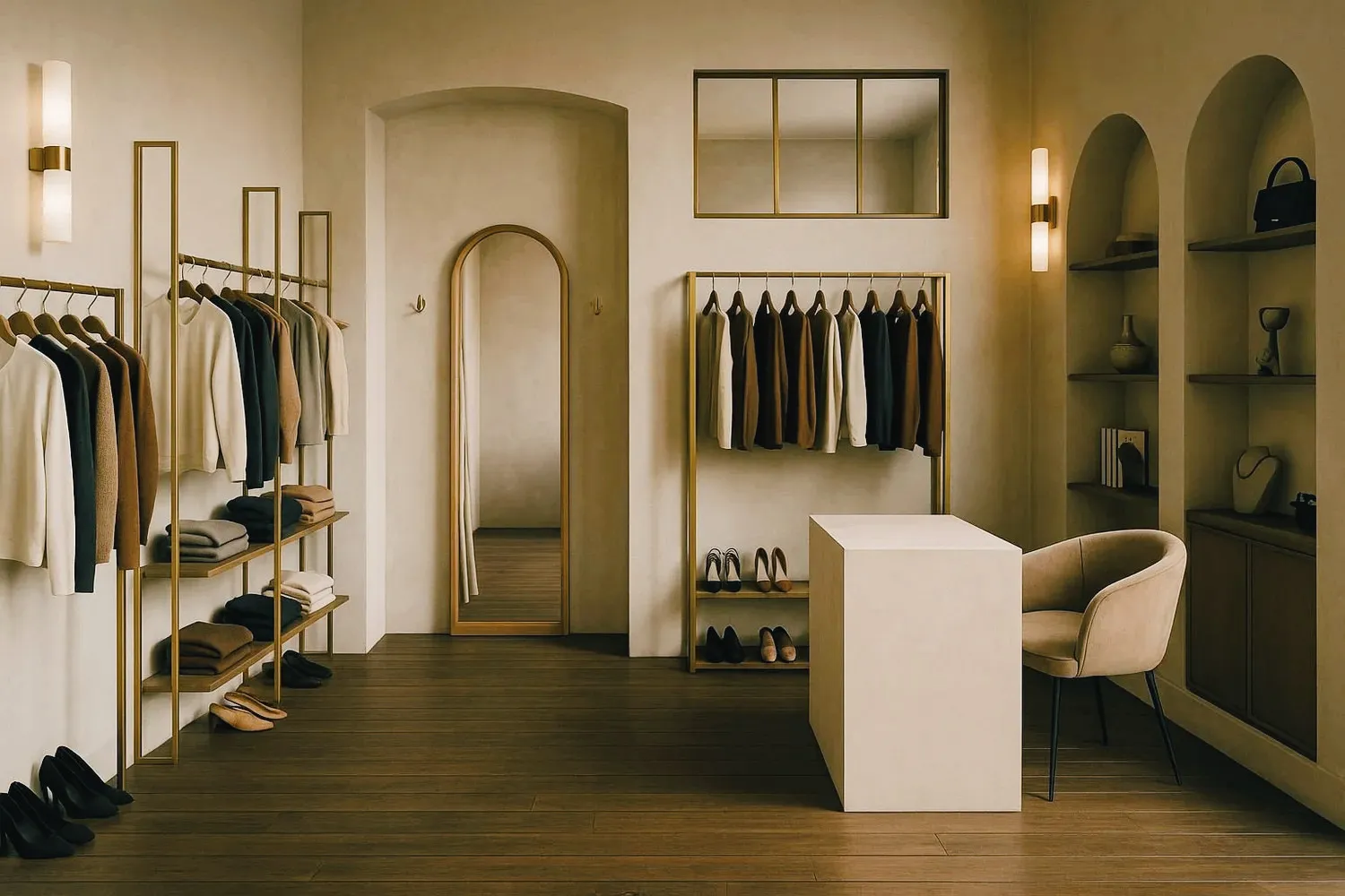 Boutique de prêt-à-porter de 45 m² à Paris 17e : niches arrondies, portants en laiton et parquet en bois naturel