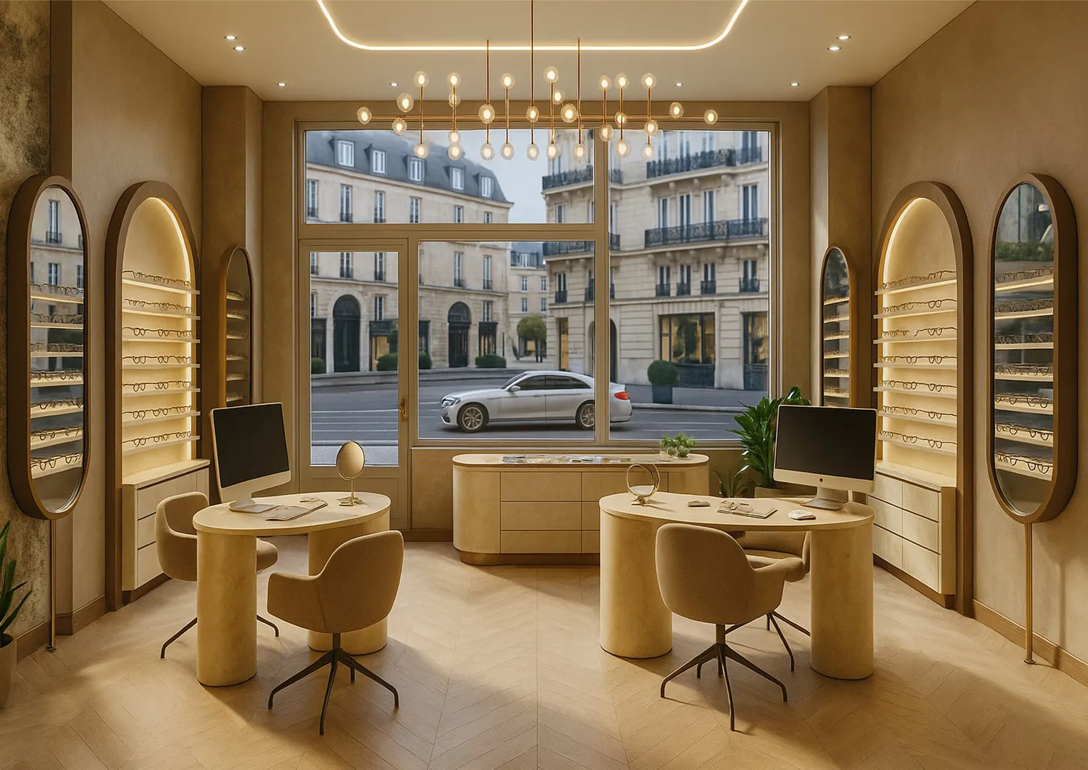 Consultation desks facing the shop window, between arched eyewear displays — optician store in Paris 17th arrondissement
