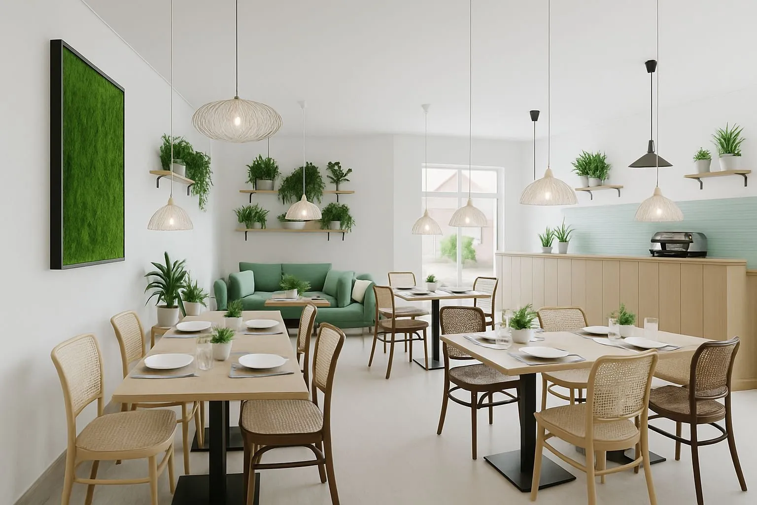 Salle d’un café familial à Villiers-sur-Marne : tables en bois clair, chaises cannées, banquette verte et cadre végétal