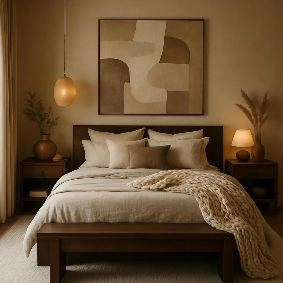 Japandi bedroom in natural tones: dark wood bed, linen bedding and chunky knit throw — apartment in Nancy