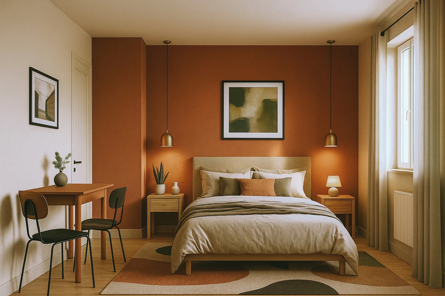 Bedroom in the Goussainville coliving: terracotta accent wall, desk and brass pendant lights