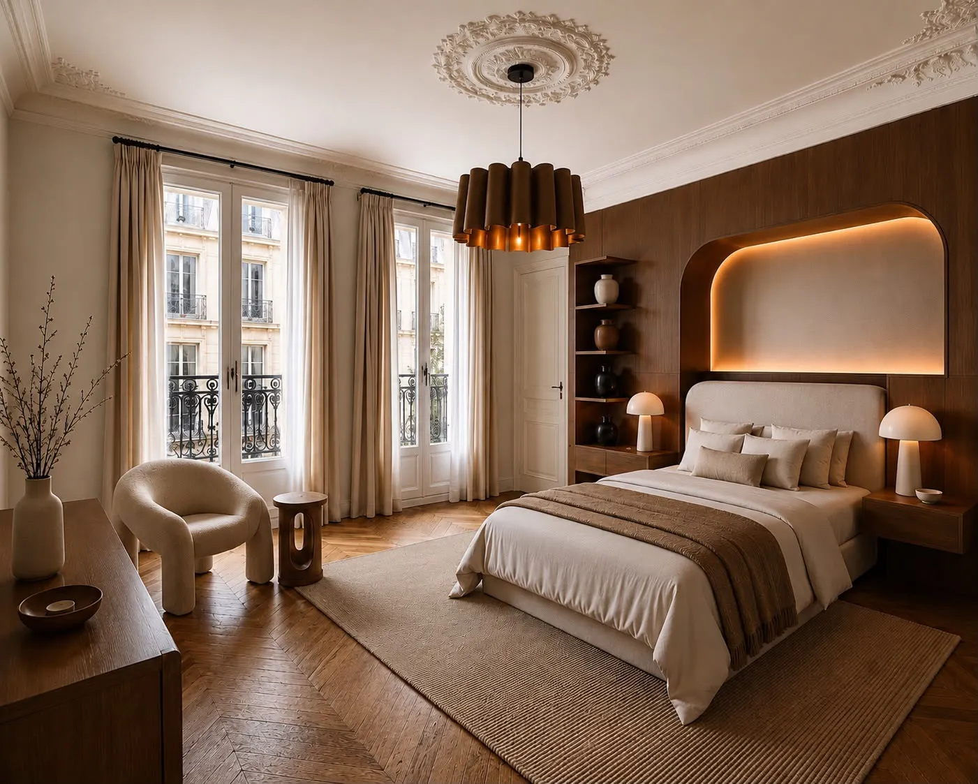 Chambre d’un appartement haussmannien à Paris 16e : meuble sur mesure en noyer avec tête de lit, rangements et éclairage indirect