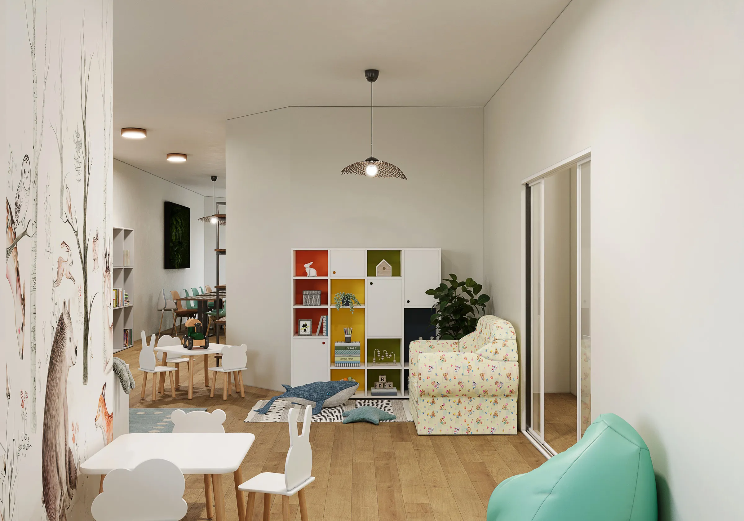 Coin jeux et lecture pour les enfants de 3 à 10 ans, avec bibliothèque colorée et canapé fleuri — café familial à Villiers-sur-Marne