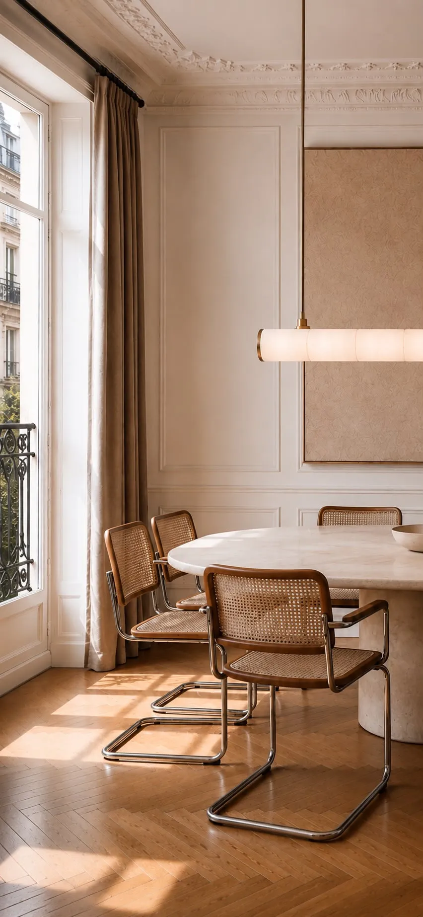Coin repas du salon : table ronde et chaises cannées près d’une fenêtre haussmannienne — appartement à Paris 16e