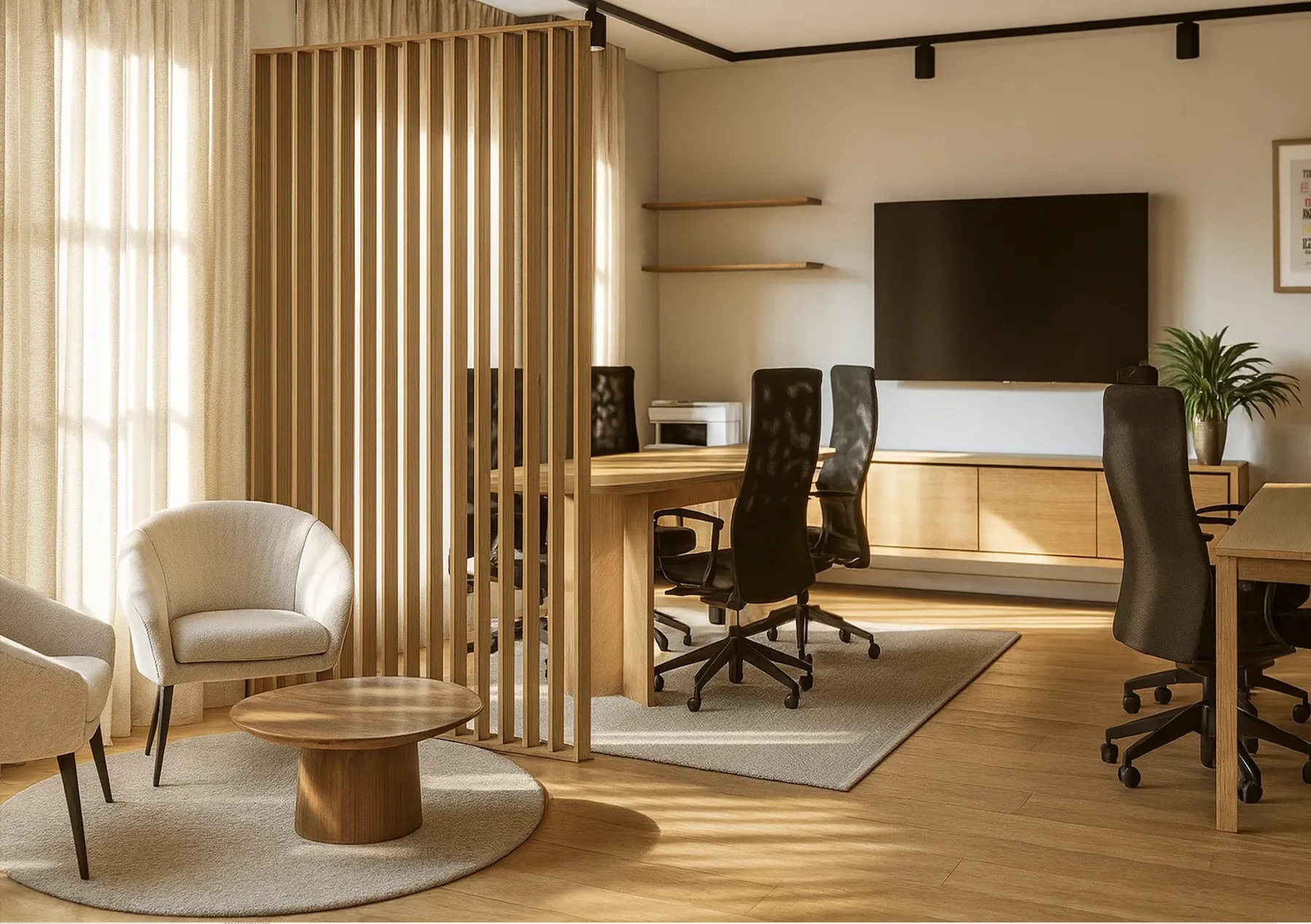 Coin salon devant la claustra en bois, avec l’espace de réunion à l’arrière — bureaux de l’agence Jarod, Paris 9e, vue 3D