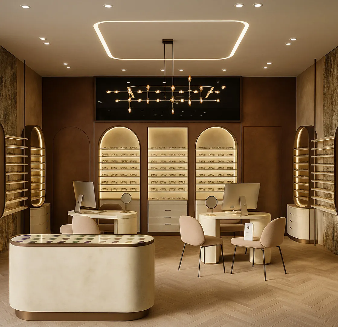 Curved counter and backlit eyewear displays in the optician store, Paris 17th arrondissement