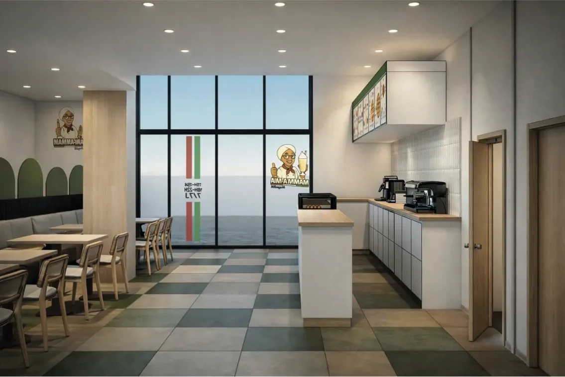 Comptoir café et vitrophanie aux couleurs de l’Italie sur la baie vitrée du restaurant Mamma Mia — vue 3D