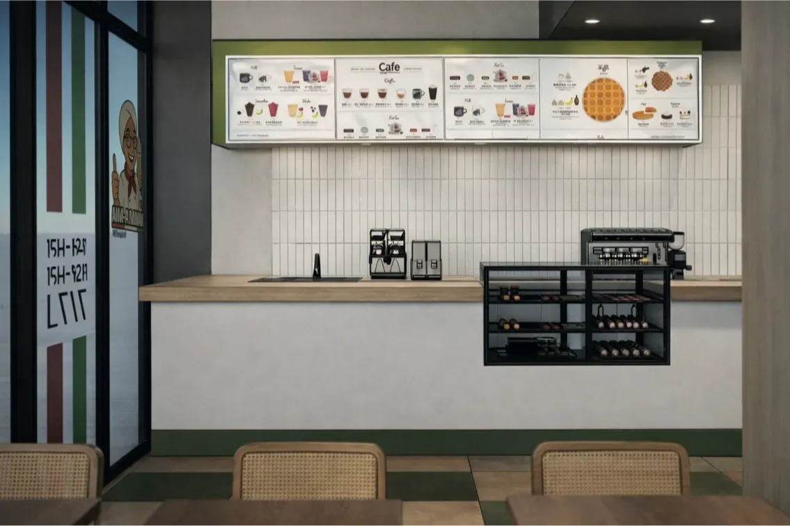 Comptoir de commande avec écrans menus, machines à café et vitrine — vue 3D