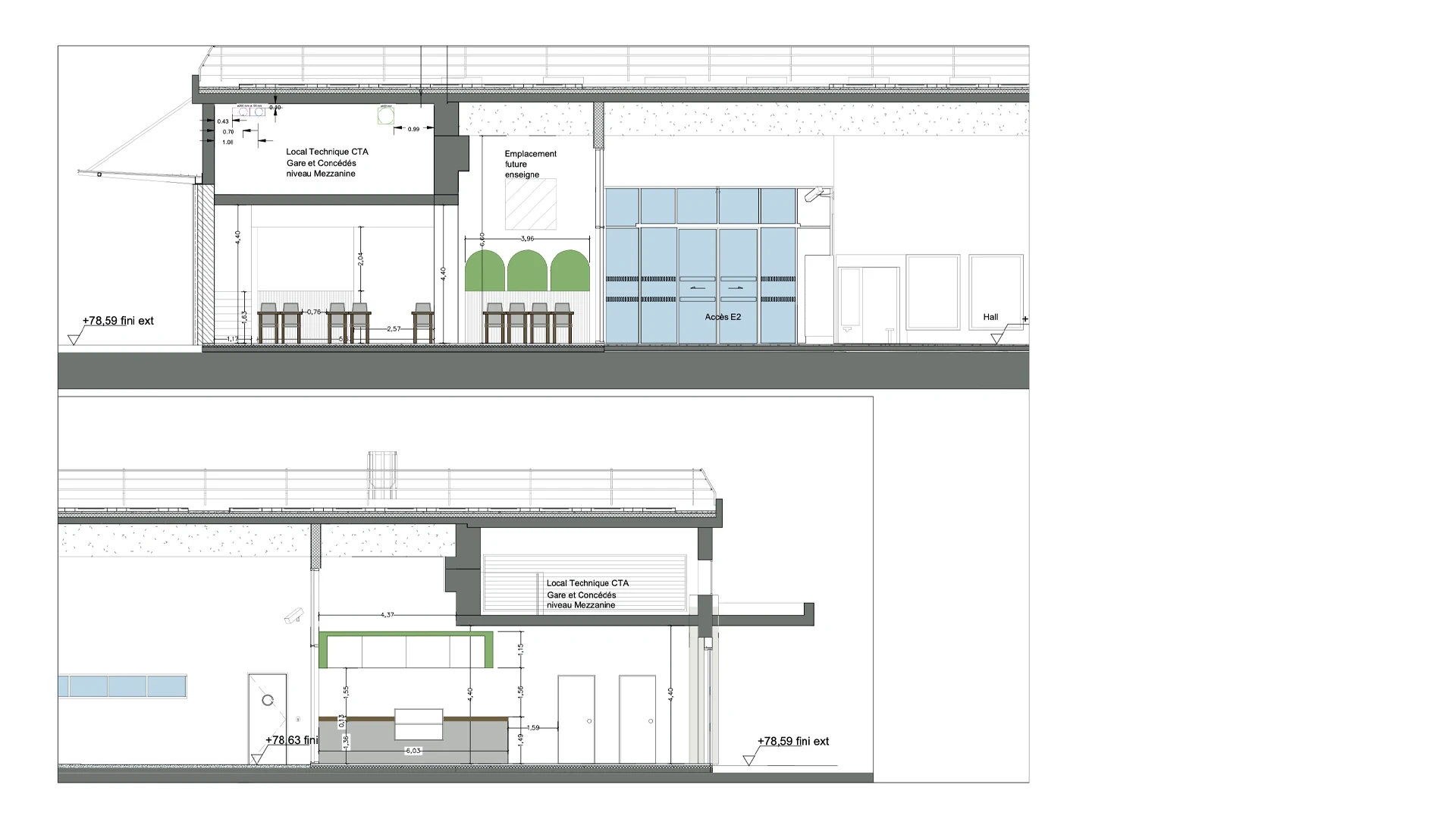 Coupes du restaurant Mamma Mia avec la mezzanine projetée