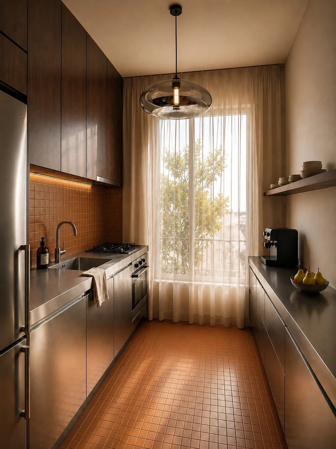 Cuisine en longueur avec le carrelage de sol d’origine, le noyer et l’inox — appartement haussmannien à Paris 16e