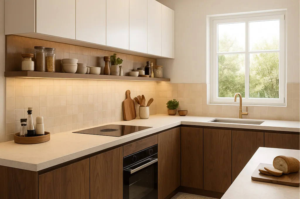 Shared kitchen of the Goussainville coliving: wood cabinet fronts, open shelf and beige tile backsplash