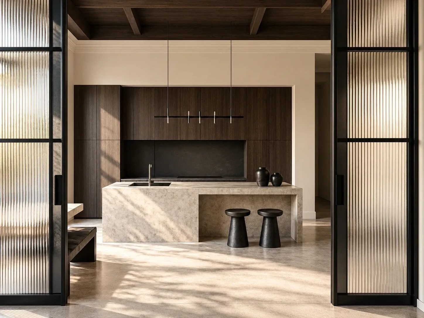 Cuisine contemporaine à Paris 6e : bois sombre, îlot en pierre texturée et portes en verre cannelé