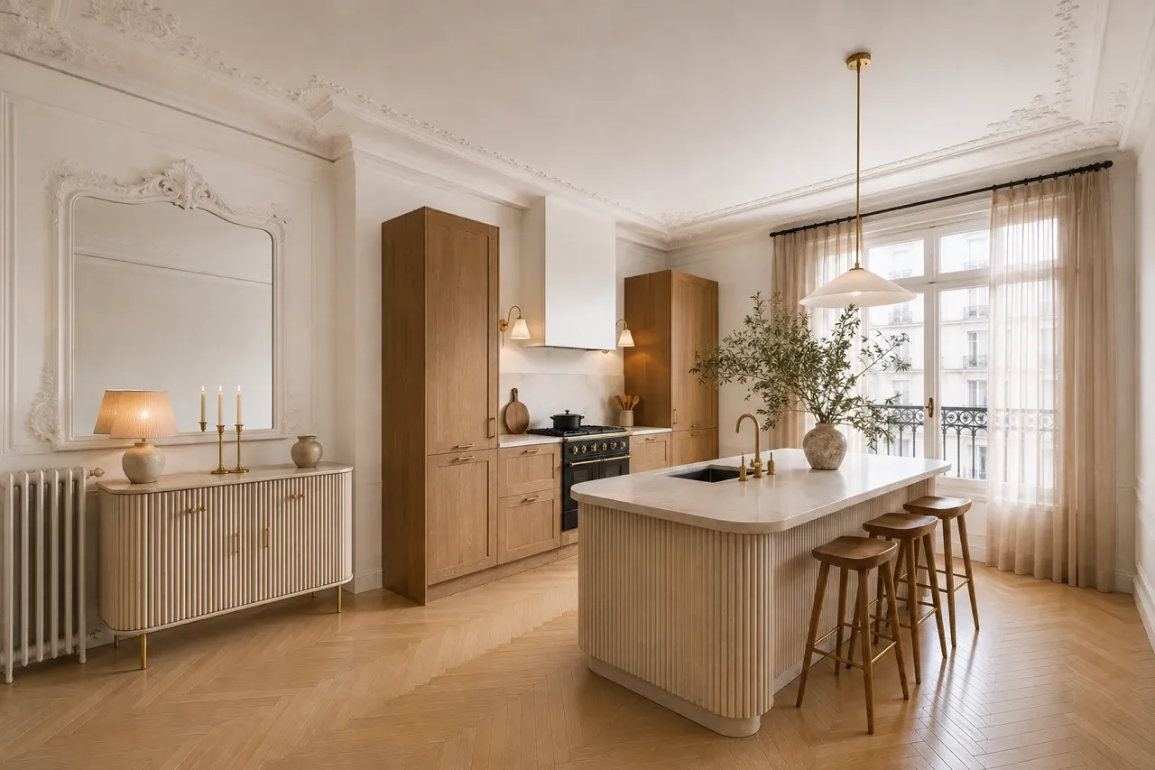 Cuisine ouverte dans un appartement haussmannien : îlot en bois cannelé, colonnes de rangement en bois et parquet