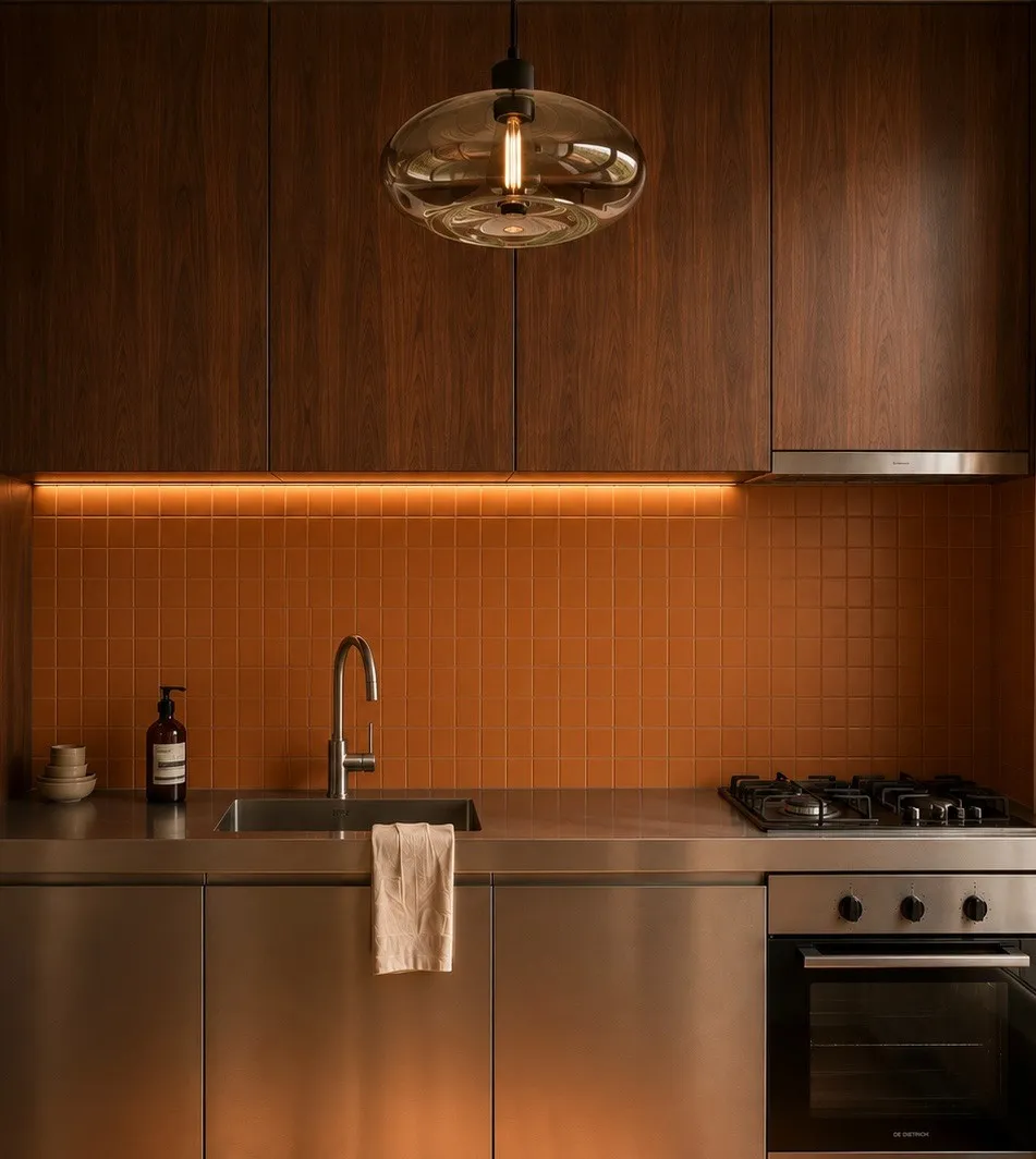 Cuisine rénovée : placards en noyer, plan de travail et four en inox, éclairage sous meuble — appartement haussmannien à Paris 16e
