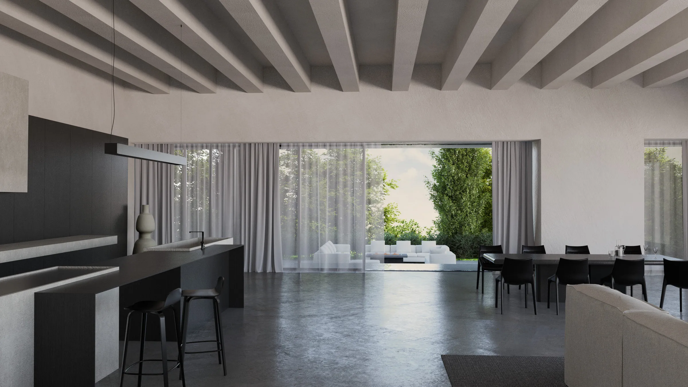Cuisine ouverte sur le séjour et le jardin, avec îlot noir et poutres apparentes — vue 3D de la villa près d’Aix-en-Provence