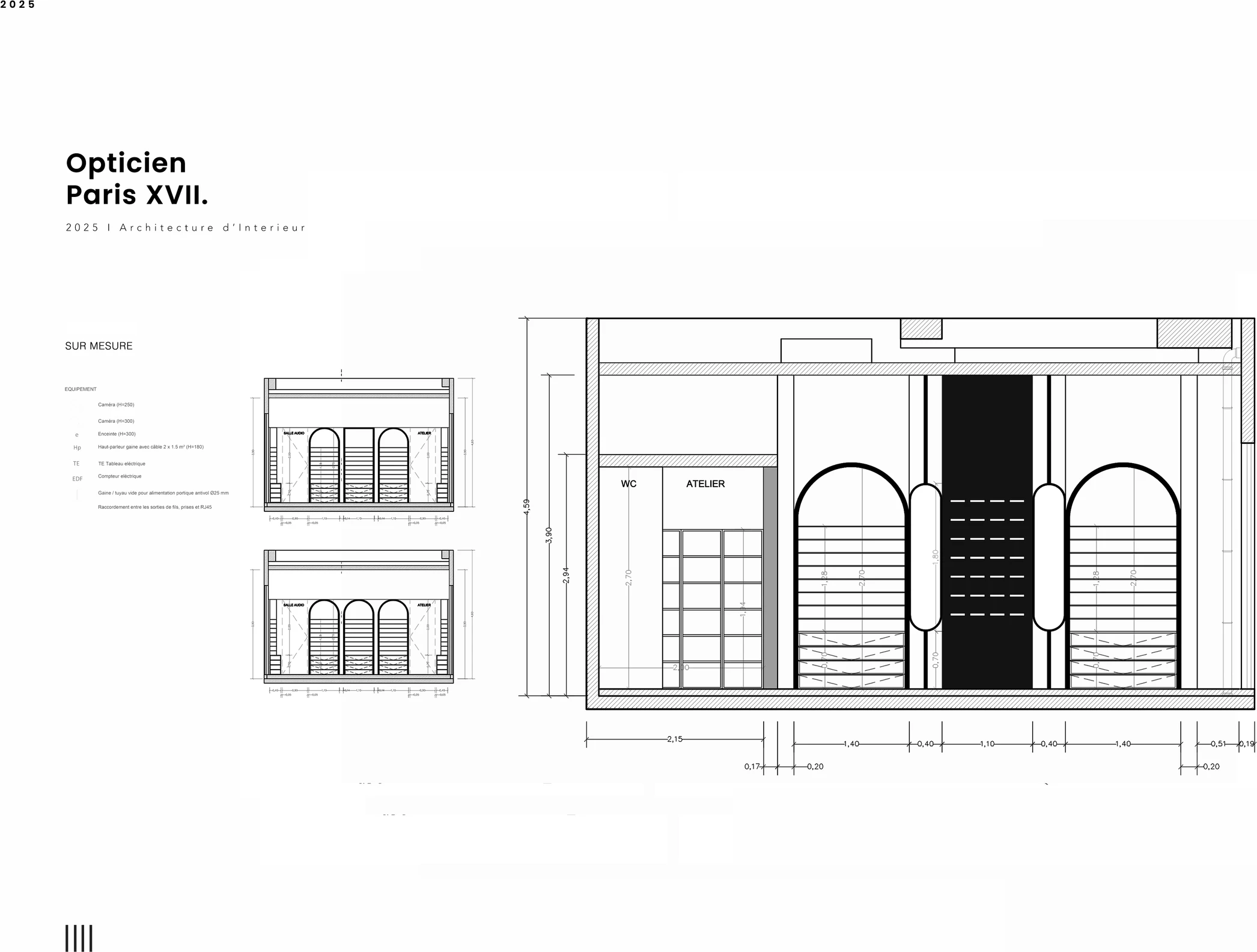 Elevations of the bespoke furniture: arched displays for the optician store in Paris 17th arrondissement