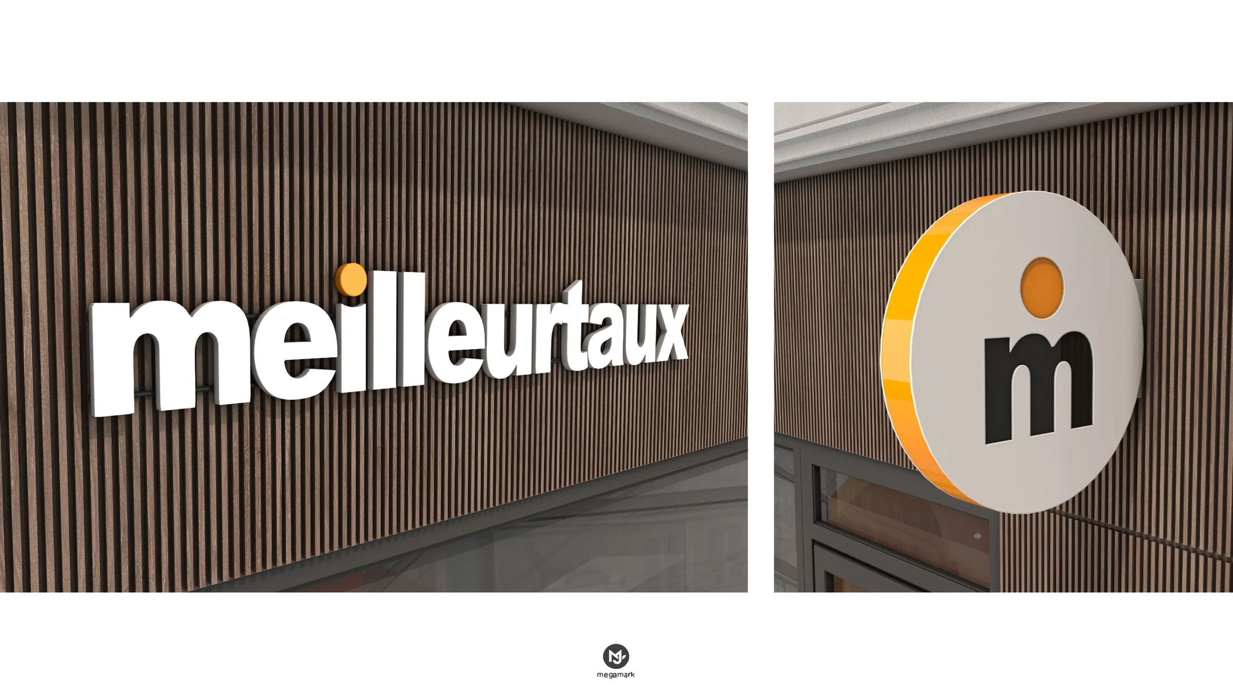 Lettres en relief Meilleurtaux sur bardage bois et enseigne drapeau ronde