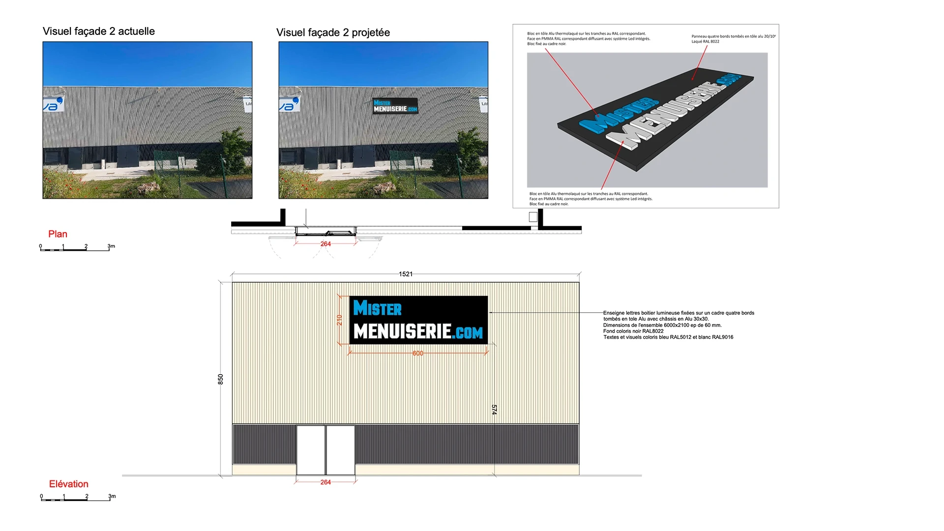 Enseigne en relief et façade projetée d’un showroom Mister Menuiserie