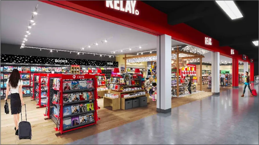 Entrée d’une boutique Relay en aéroport : presse, livres et espace enfants ouverts sur le hall — vue 3D