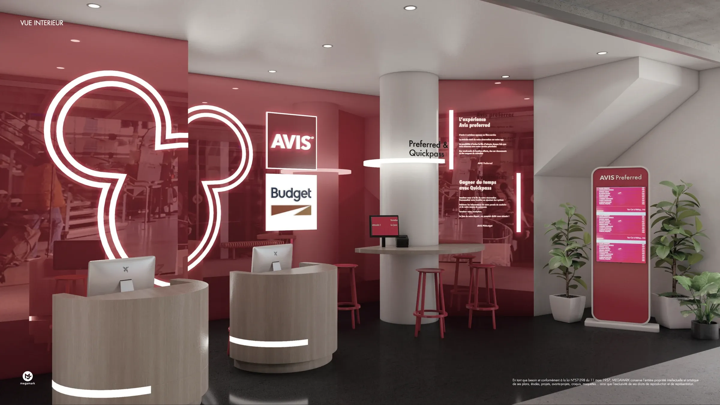 Espace d’accueil de l’agence Avis : comptoirs arrondis en bois, signalétique rouge et arche lumineuse — vue 3D