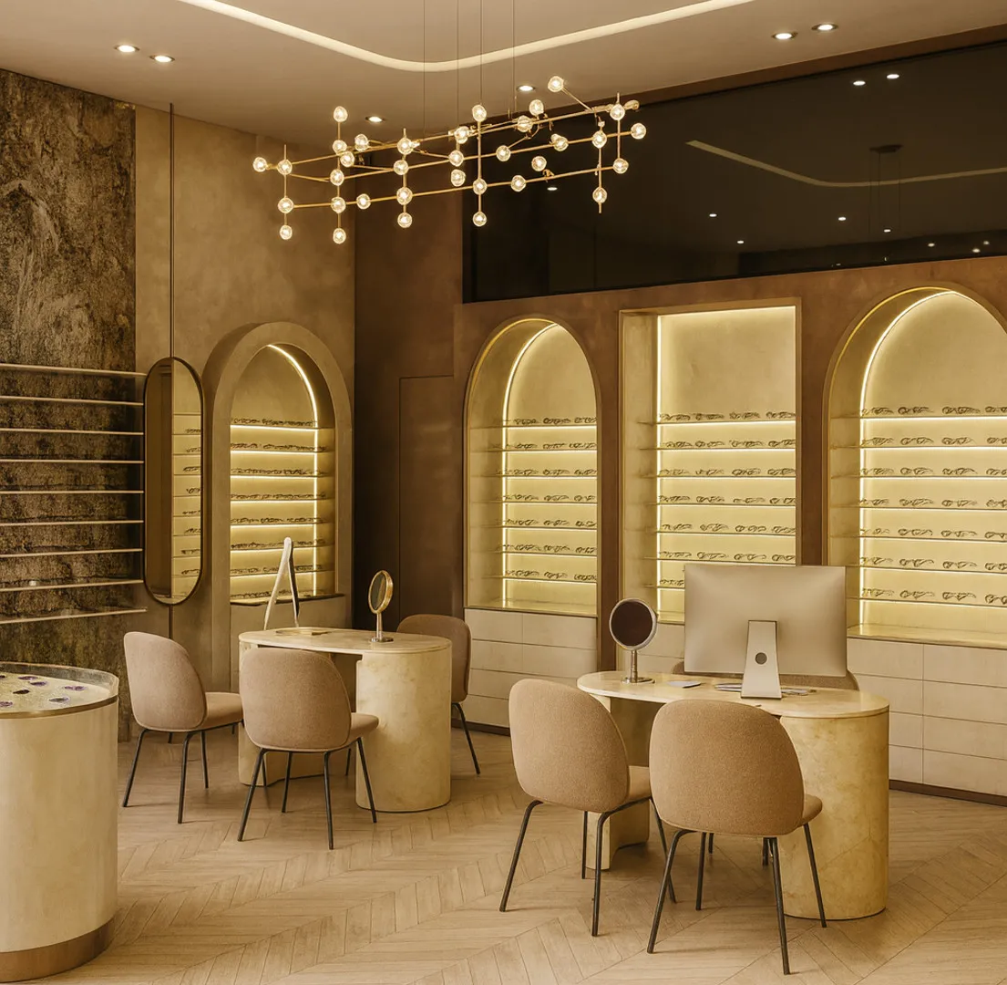 Consultation area beneath a contemporary chandelier, surrounded by lit arched niches — optician store in Paris 17th arrondissement