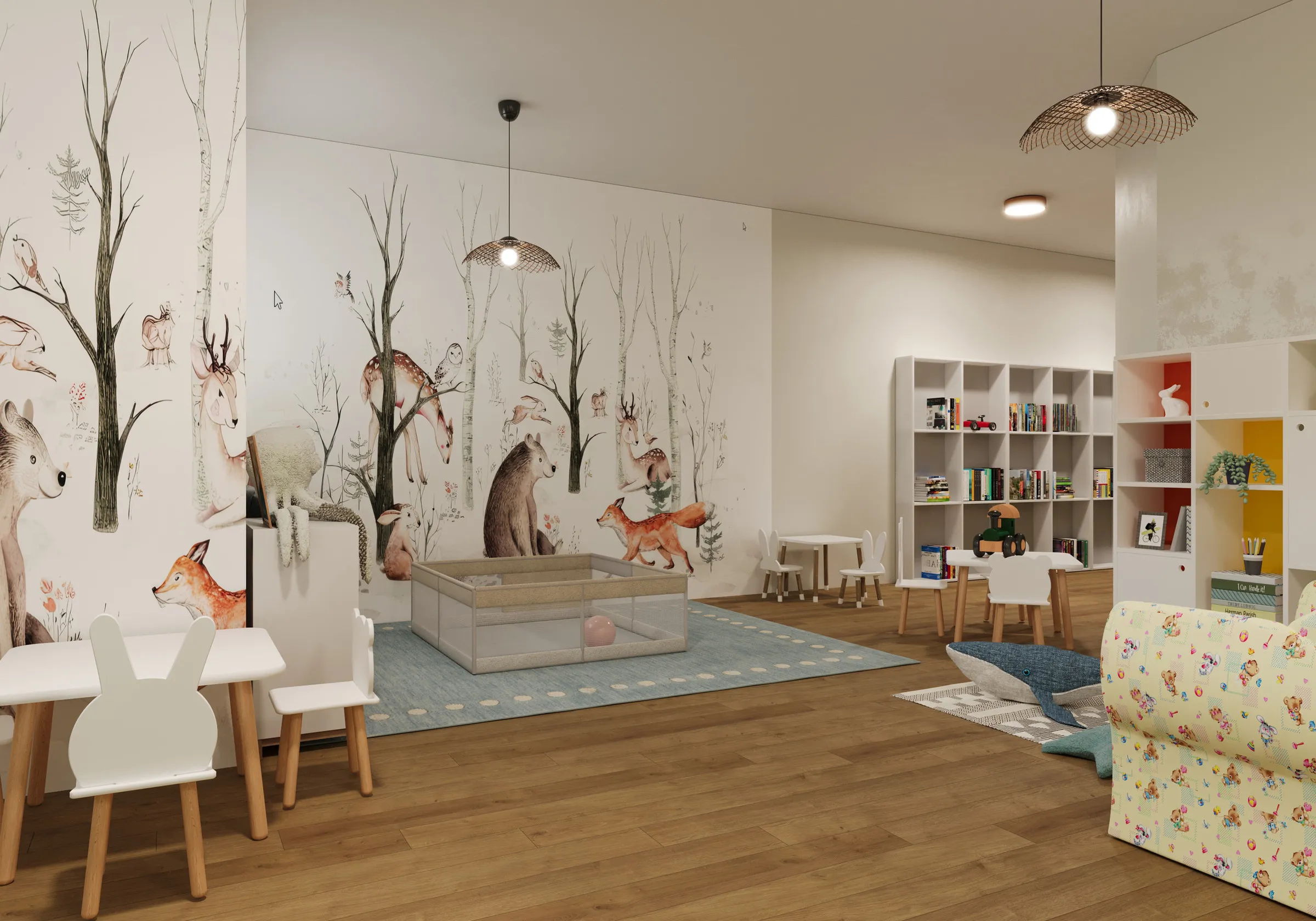 Espace enfants du café familial à Villiers-sur-Marne : papier peint forêt, petites tables, chaises lapin et étagères colorées