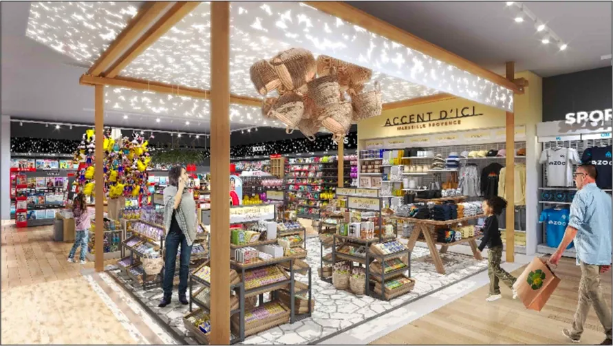 Espace produits locaux « Accent d’ici » sous une pergola en bois — aéroport Marseille Provence, vue 3D