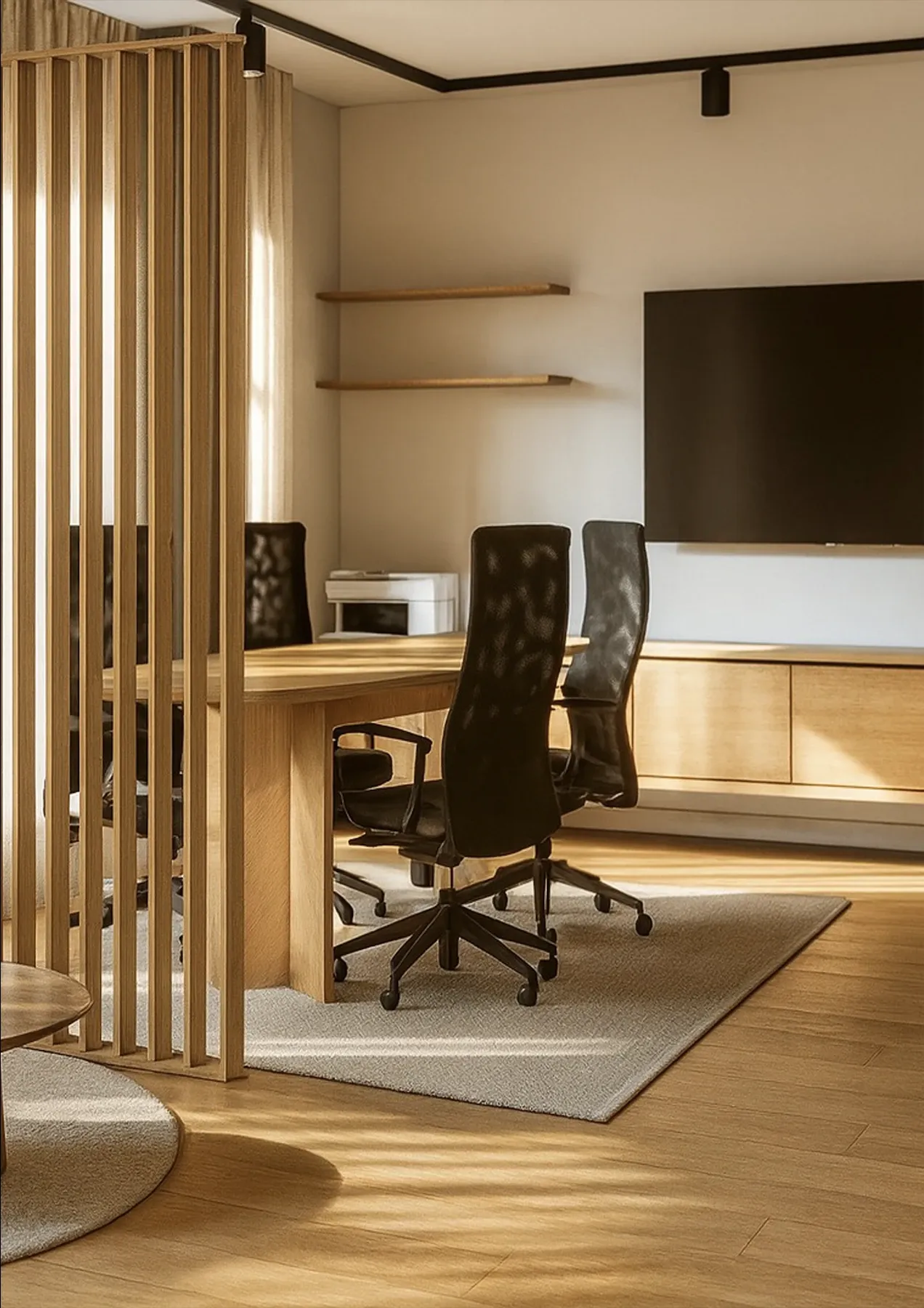 Espace de réunion derrière la claustra en bois, avec écran et rangements — bureaux de l’agence Jarod, Paris 9e, vue 3D