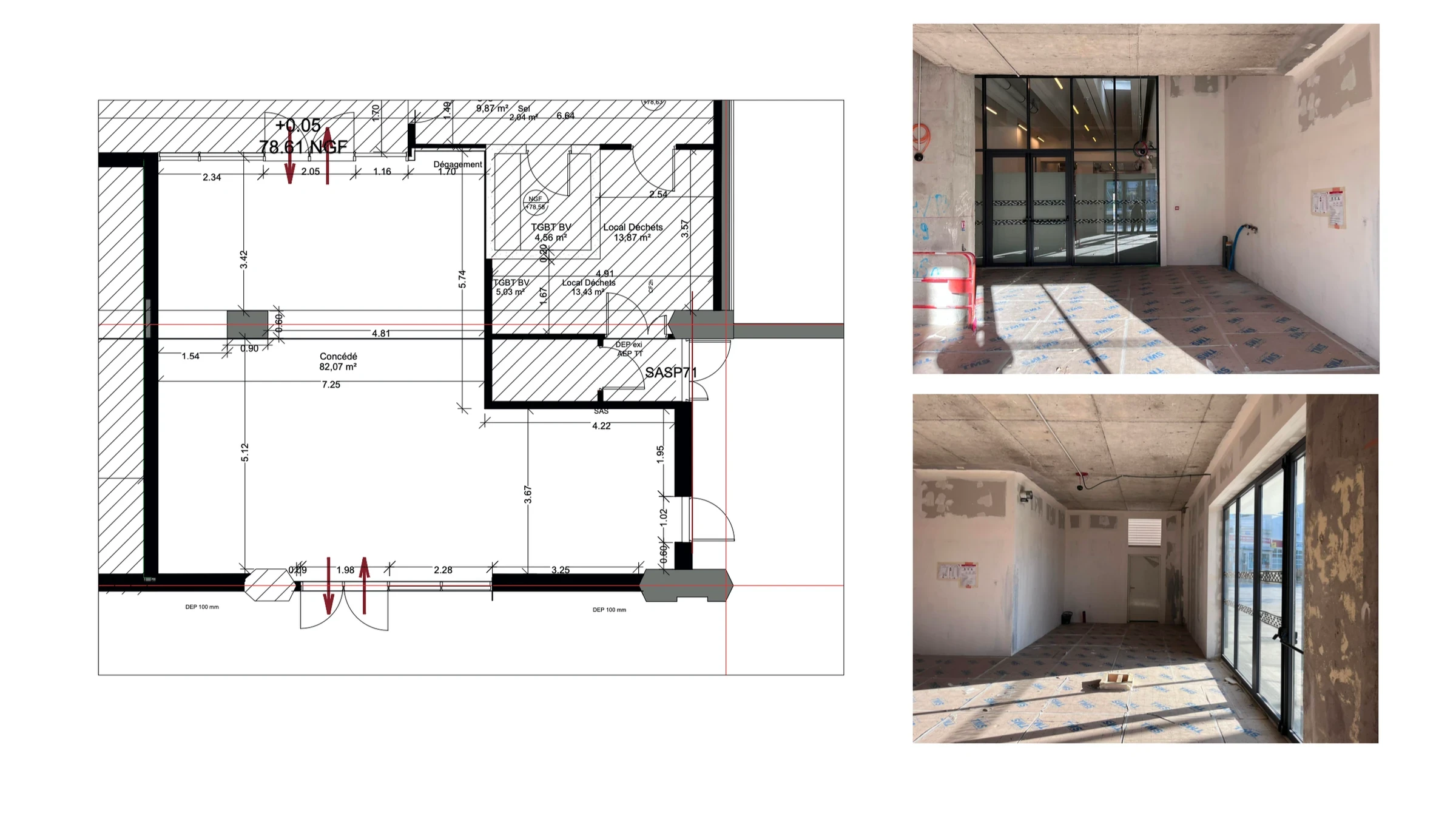 État existant du local avant travaux : plan et photos du futur restaurant Mamma Mia