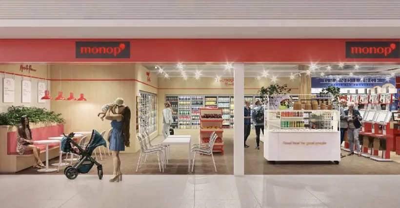 Façade d’une boutique Monop’ en aéroport, avec son espace assis — vue 3D