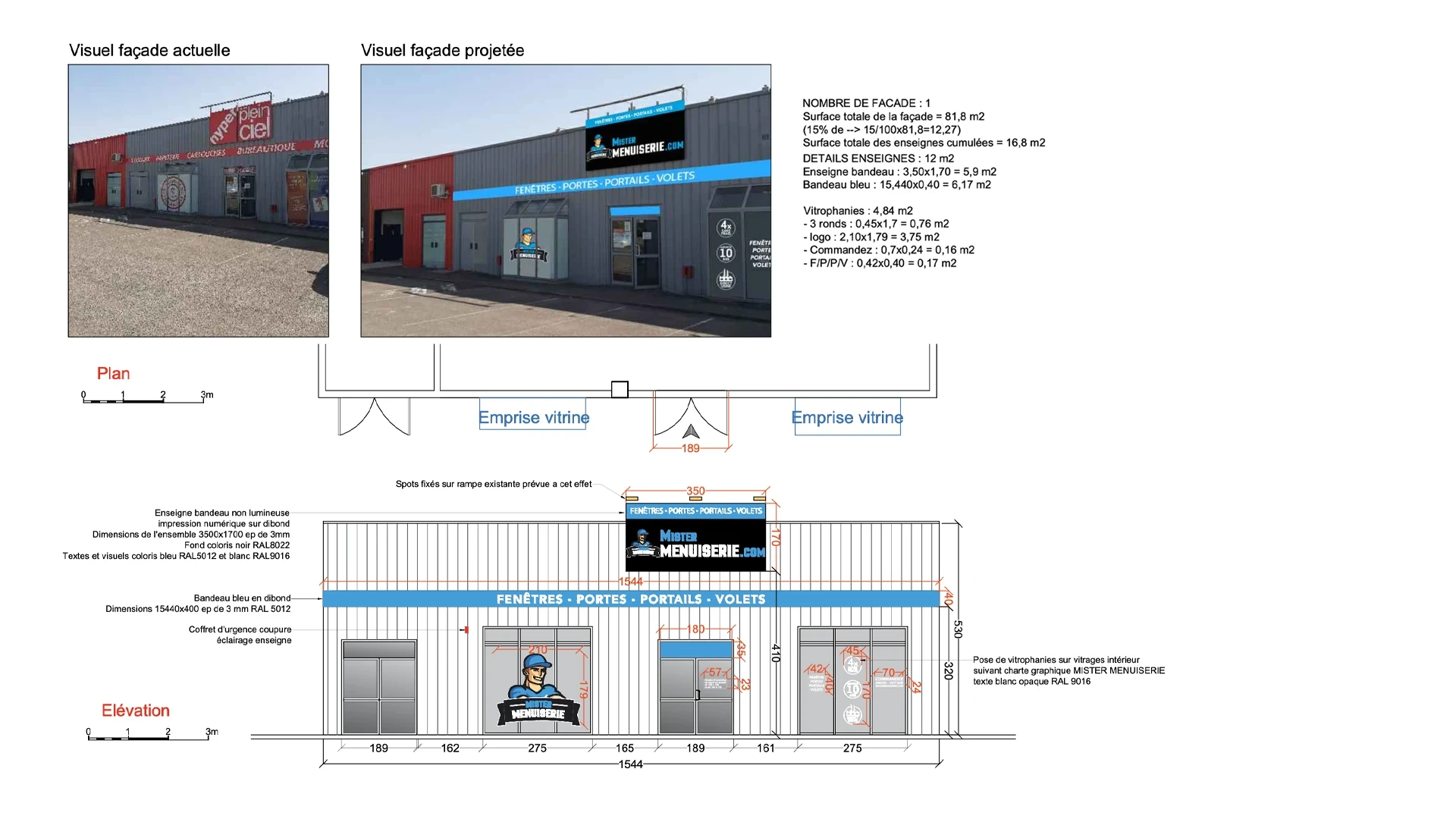 Façade actuelle et façade projetée d’un showroom Mister Menuiserie, avec l’élévation de l’enseigne
