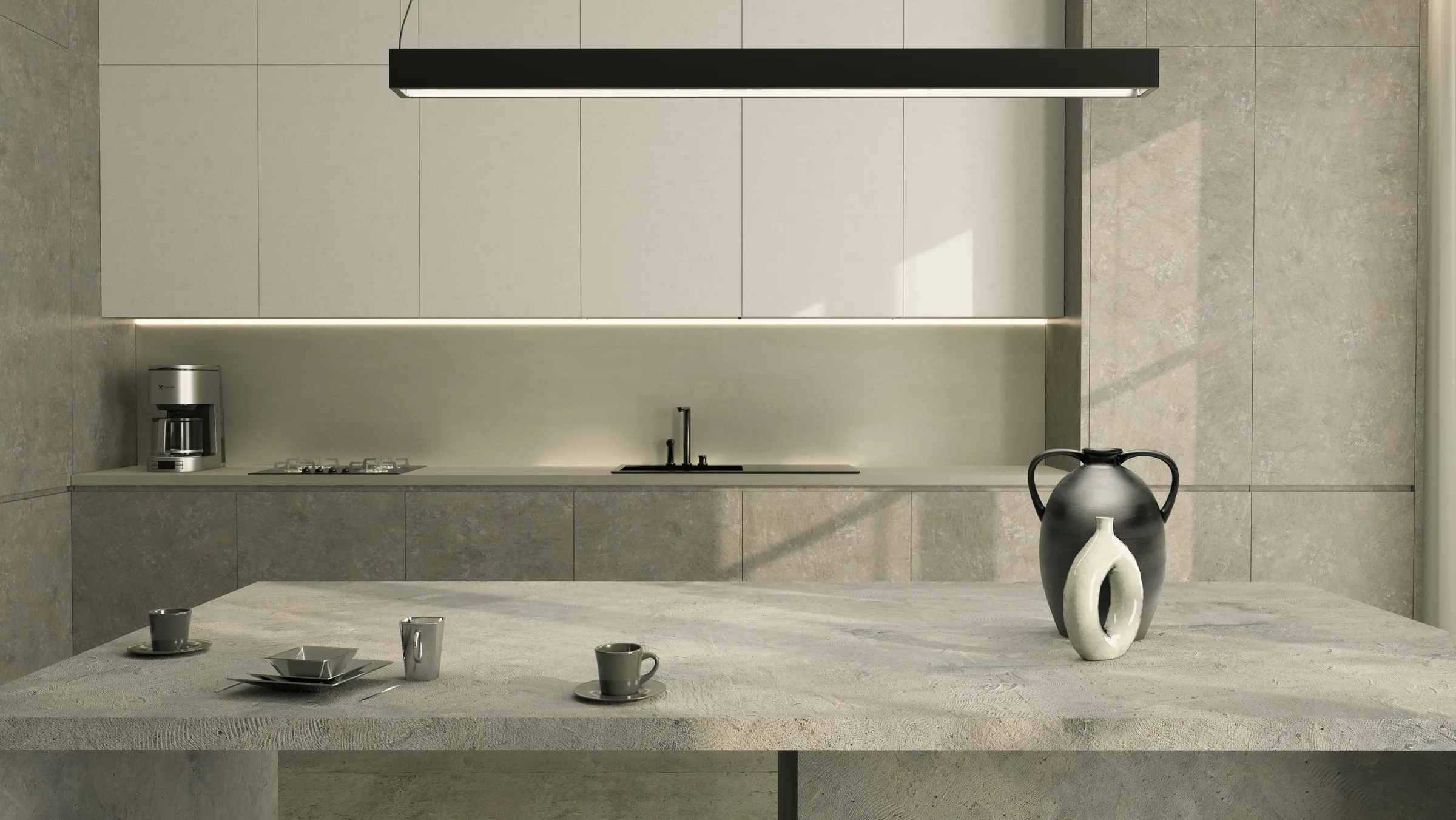 Îlot de cuisine sur mesure en matériaux italiens aux tons minéraux — appartement Rive Gauche, Paris 7e