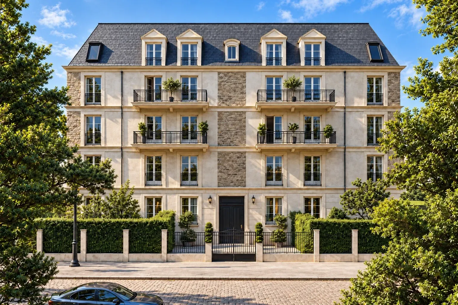 Vue 3D d’un immeuble résidentiel conçu pour Nexity à Vincennes : façade en pierre naturelle et enduit à la chaux, garde-corps en ferronnerie