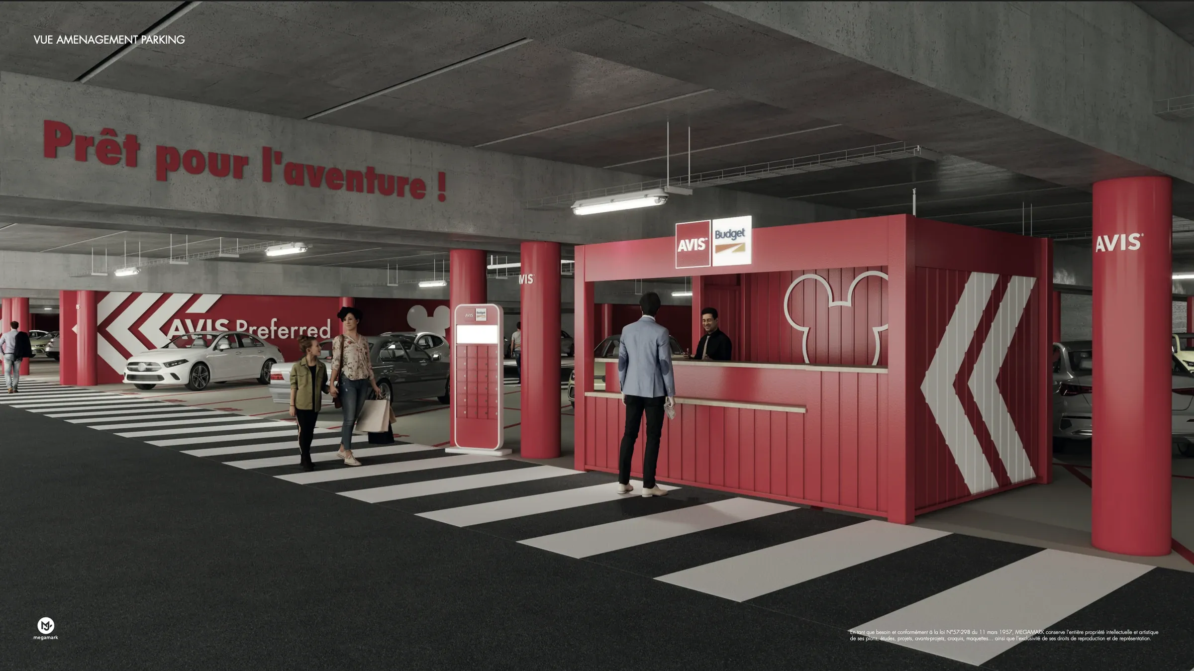 Kiosque Avis Preferred dans le parking de la gare de Marne-la-Vallée – Chessy, avec la signalétique « Prêt pour l’aventure ! »