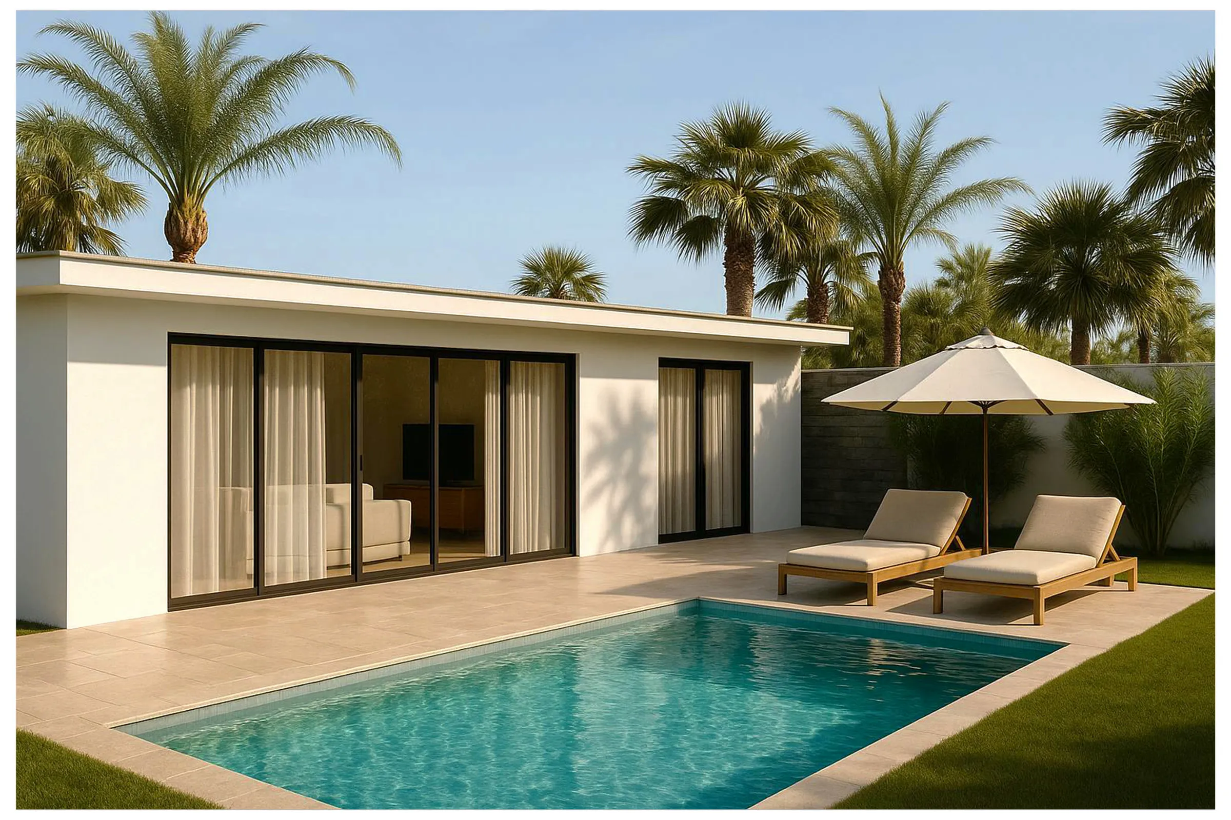 Piscine, terrasse et transats devant les baies vitrées de la villa à Phuket