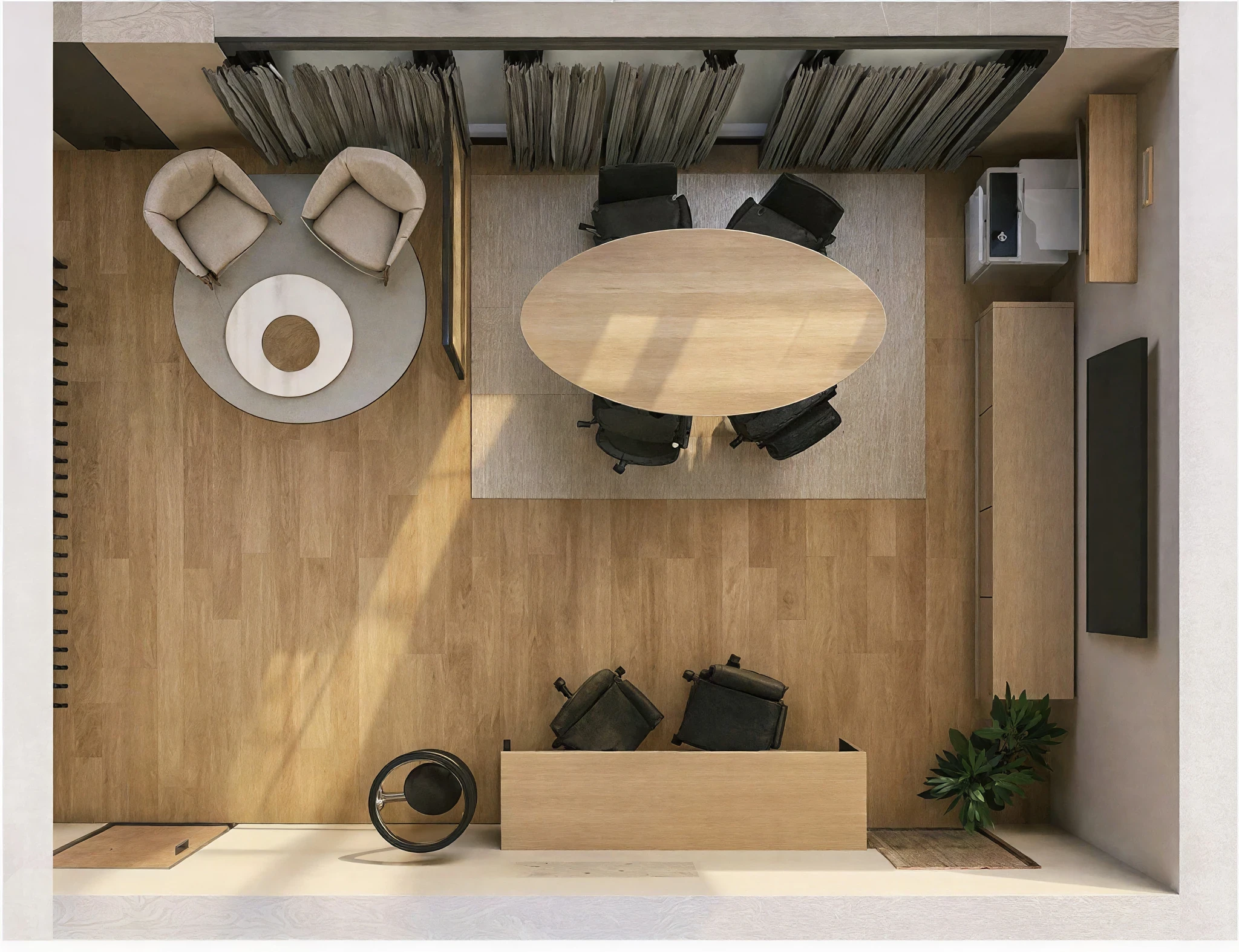 Vue de dessus de l’aménagement des bureaux de 30 m² : coin salon, table de réunion et poste de travail — Paris 9e