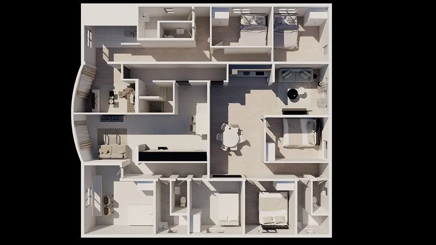Plan 3D d’un étage de la résidence, un ancien hôtel transformé à Accra, au Ghana
