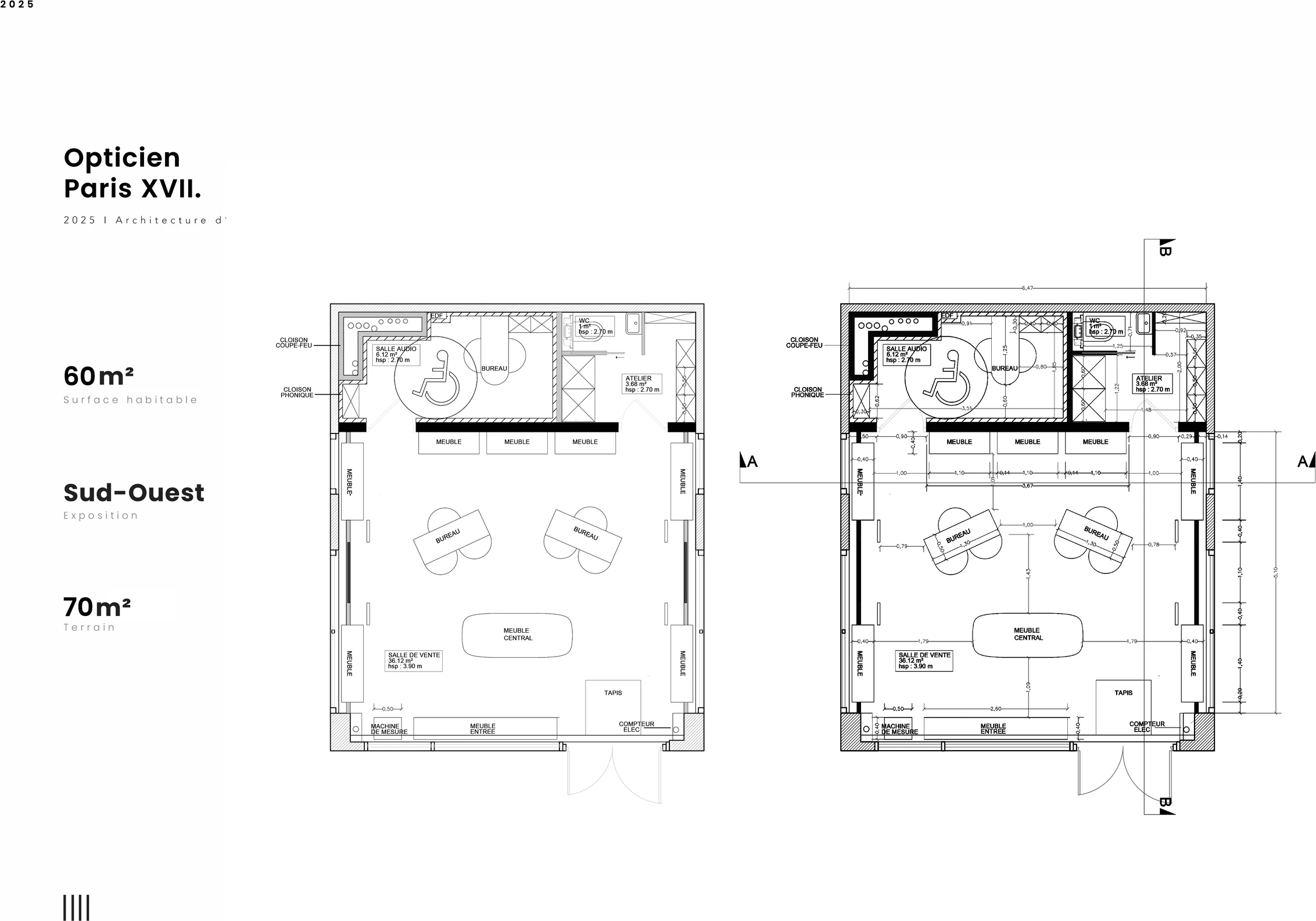 Layout plan of the 60 m² optician store in Paris 17th arrondissement
