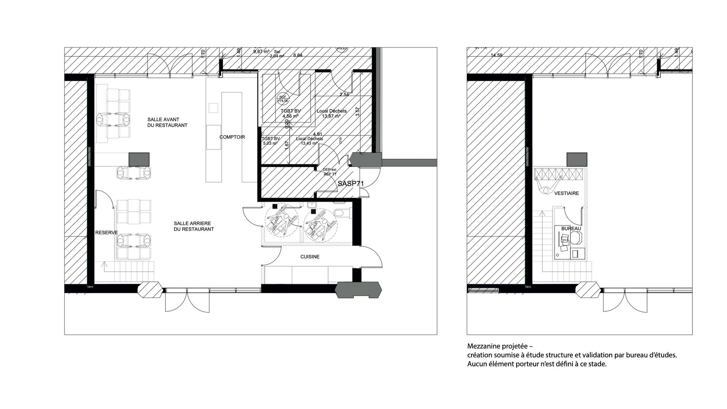 Plan d’aménagement du restaurant Mamma Mia : salle, comptoir, cuisine et mezzanine projetée