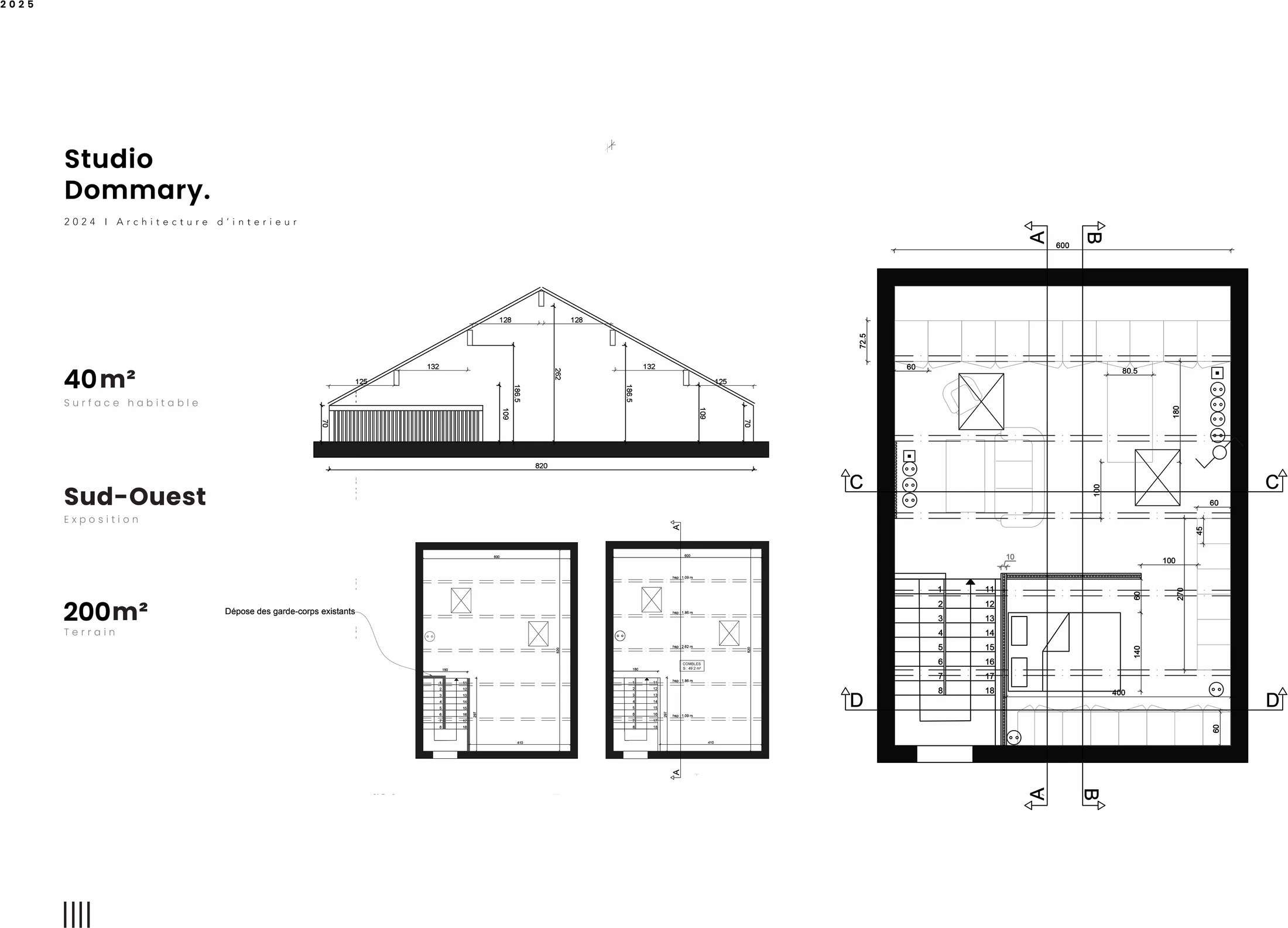 Plan et coupe du studio de 40 m² aménagé dans les combles d’une maison à Metz