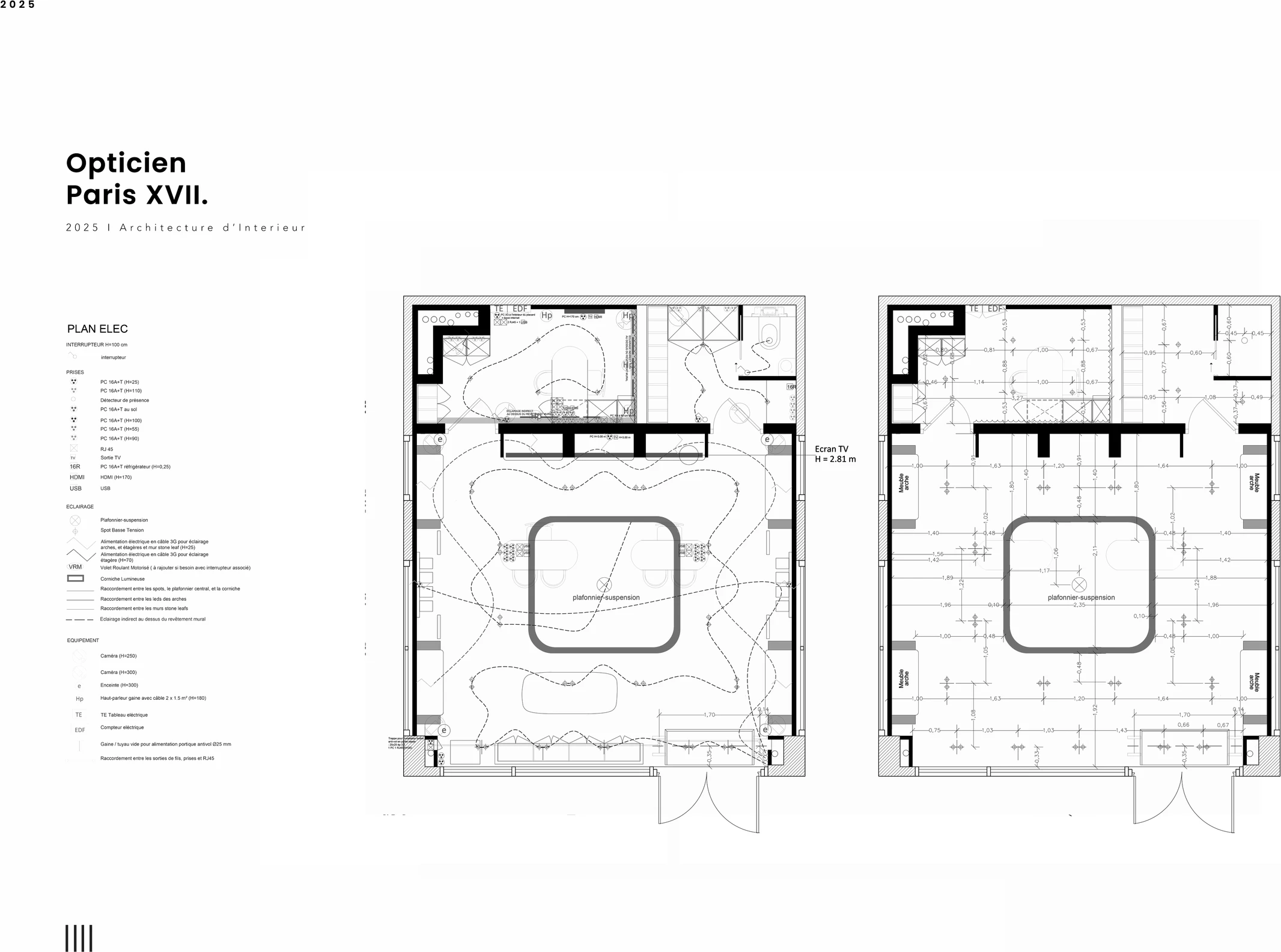 Electrical and lighting plan of the optician store in Paris 17th arrondissement