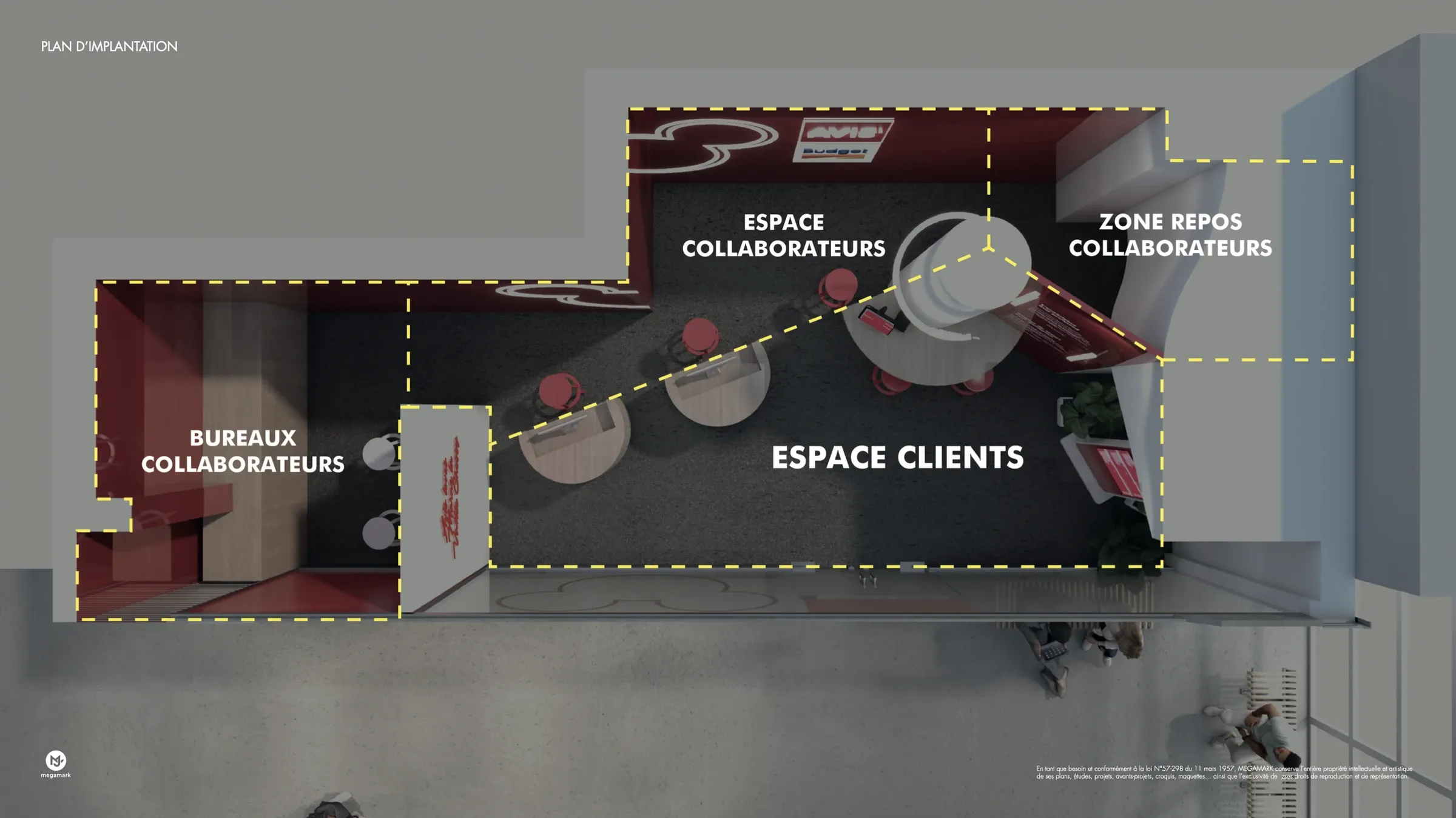 Plan d’implantation 3D de l’agence Avis : espace clients, bureaux et espace de repos des collaborateurs